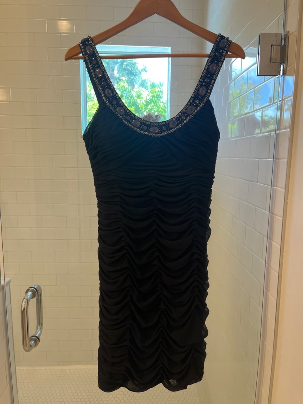 Cache Black Beaded Scoop Neck Ruched Mini Dress